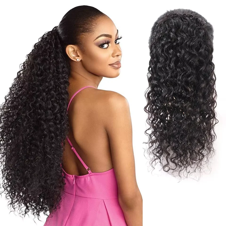 موجة عميقة الشعر البشري الرباط ذيل حصان موجة عميقة الرباط ذيل حصان # 1B أسود طبيعي للنساء وصلة شعر بشري على شكل ذيل حصان #1