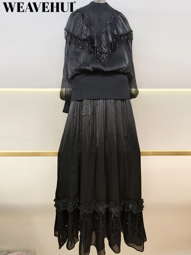 WEAVEHUI Women O-Neck Lantern Sleeve Elastic Waist Sequins Tassel Spring Autumnal New model High Street Solid Fashion 2-Piece