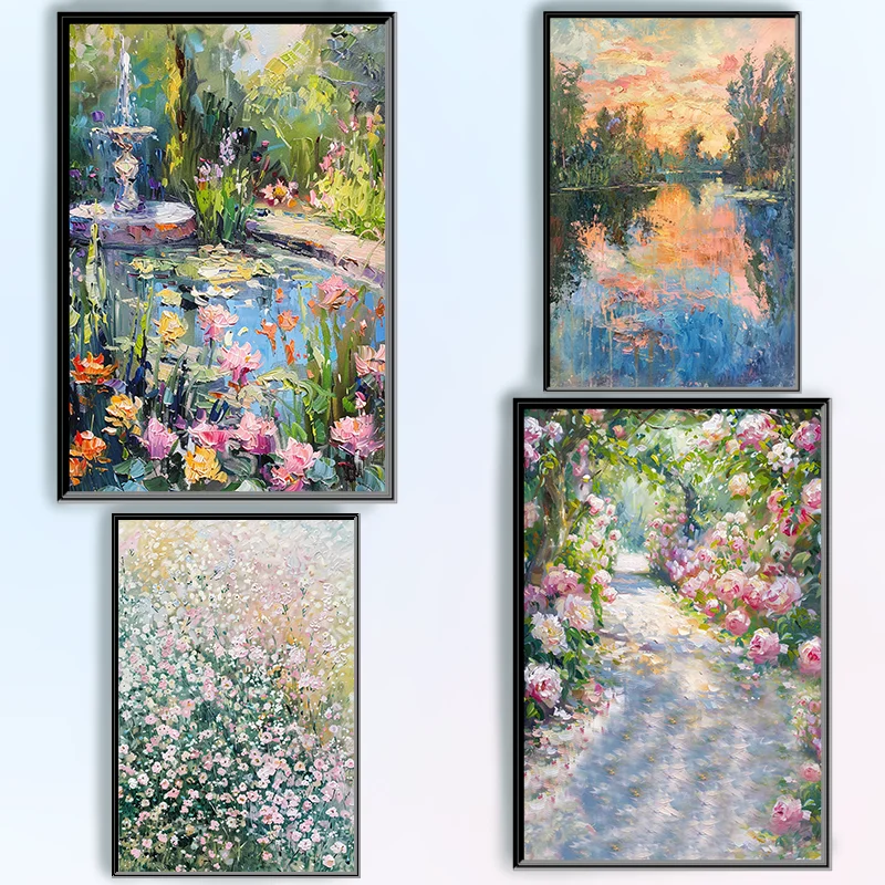 Impasto Monet Vibrant Naturalistic Scenery Vibrant Color Spring Fountain Pink Garden Poster Home Modern Wall Art Canvas Painting