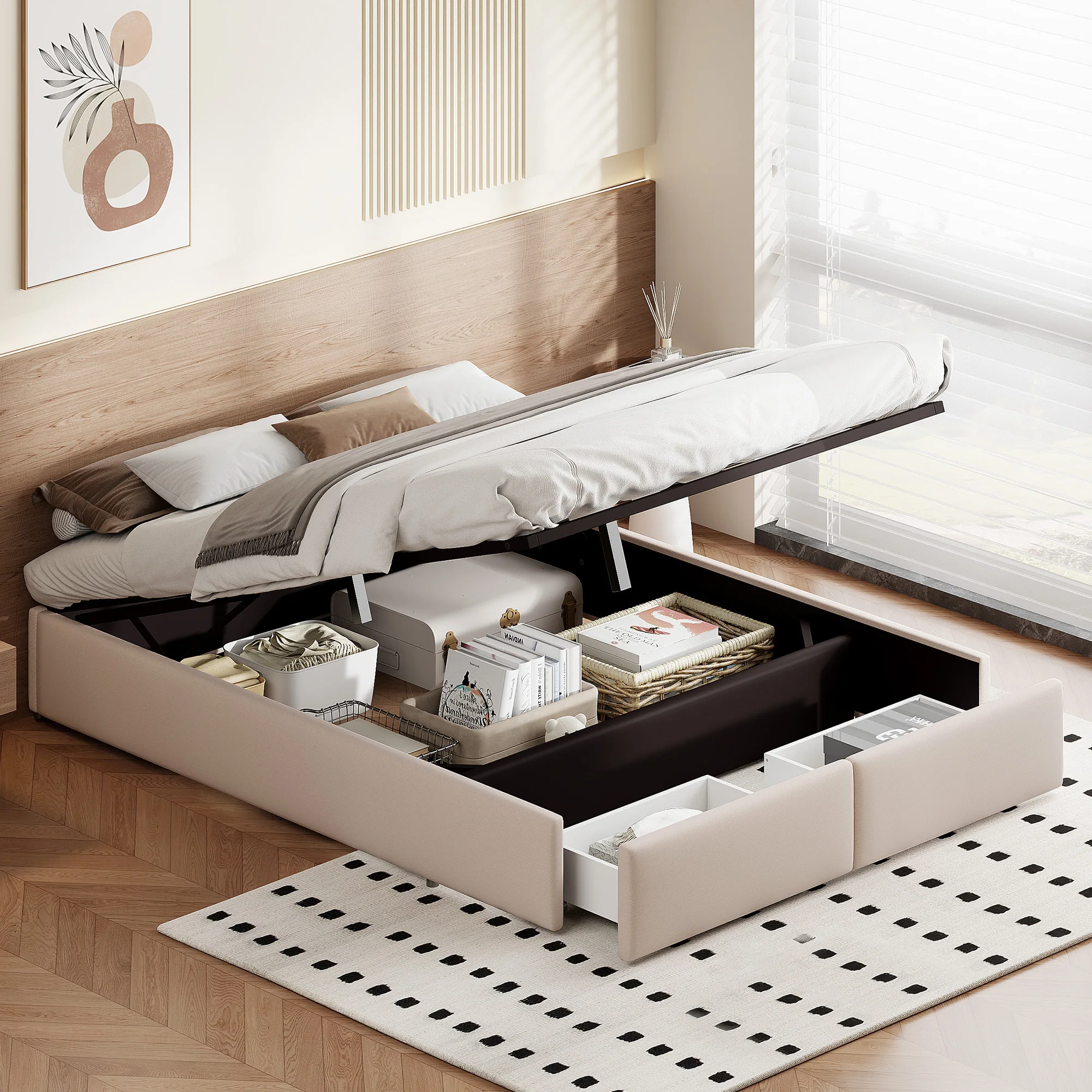 Flat bed upholstered Bed 160x200 cm, Double bed,Adult bed with 2 drawers and slatted base, without headboard, linen