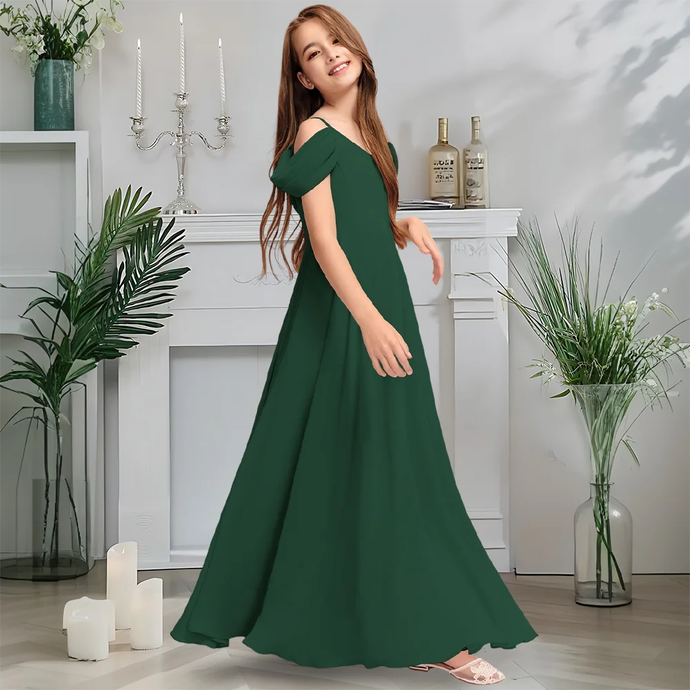 Delicate Cold-Shoulder Chiffon Junior Bridesmaid Dress Rose Quartz Flower Girl Dress With Adjustable Waist & Floor-Length
