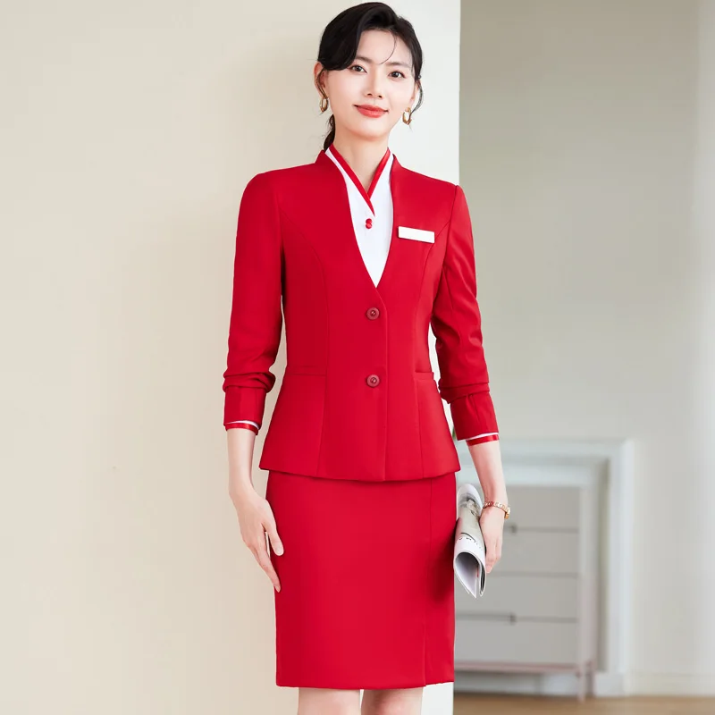 NAVIU Mode Kantoorkleding Dames Blazerpakken Elegante chique jassen 2-delige set Lange mouw Casual Blazer Jas Rok Past Rood