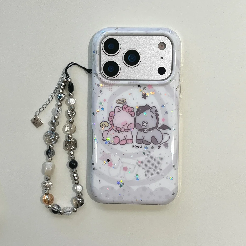 

Cute creative twin good and evil pony phone case for iPhone 17 16 ProMax 14 15 Pro fundas Korean INS shockproof protective cover