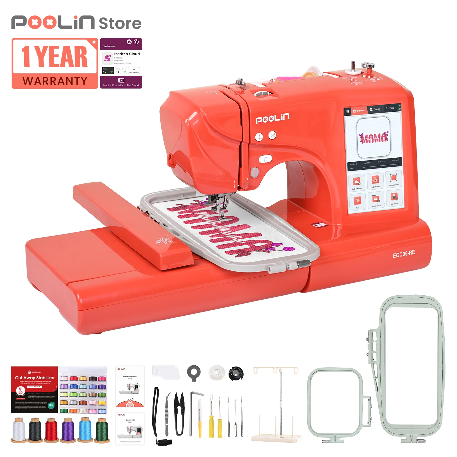 Poolin 05RE Embroidery Machine for Beginners, 4' X 9.25' Embroidery Area 7' Touchscreen, 2 Embroidery Hoops and Starter Kit Included, Plastic Body, Touchscreen UI, Easy to Learn for Beginners, Small DIY Creations, Learning