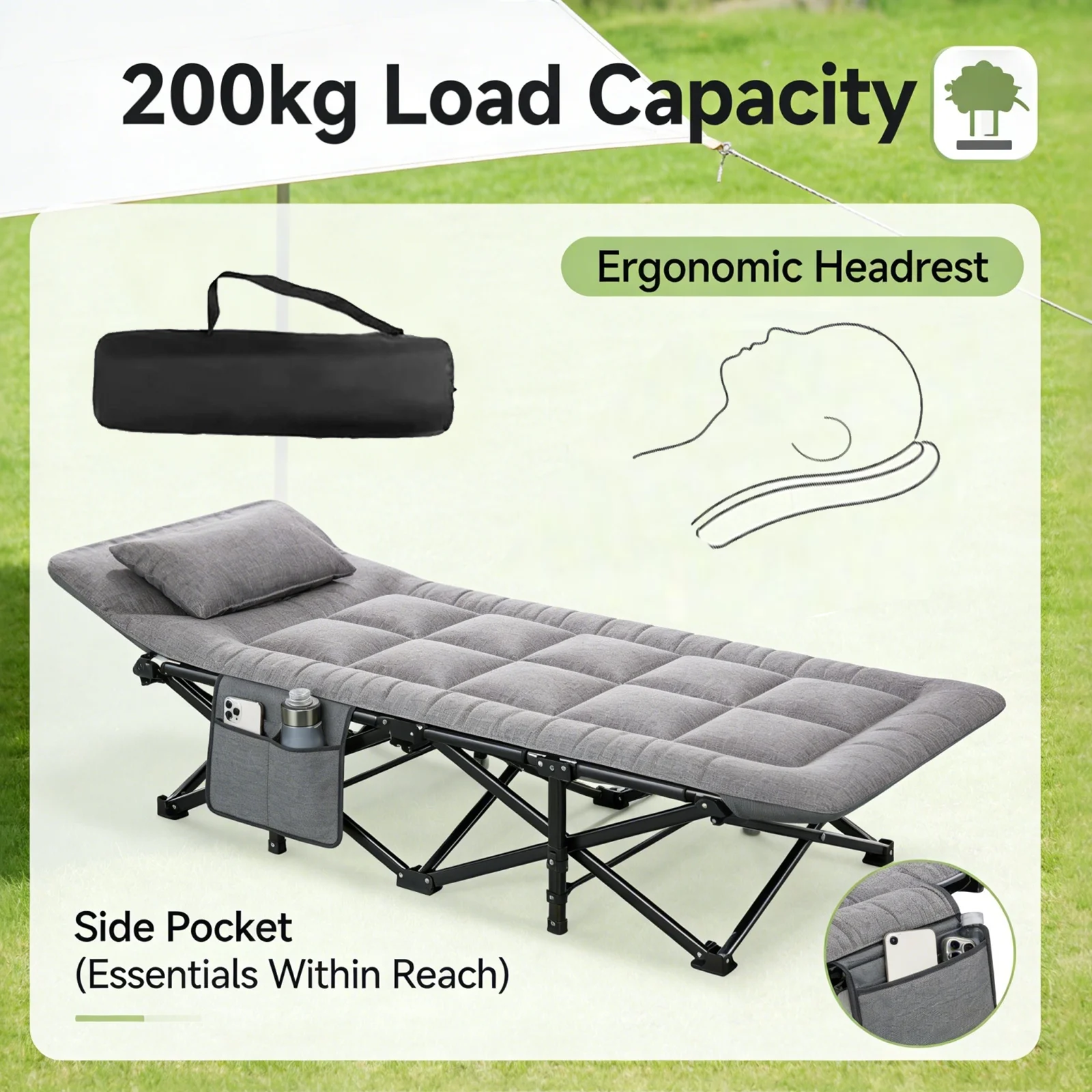 Lit de camping pliable avec oreiller et poche latérale, cadre en acier robuste supportant 200 kg, lit de repos portable pour la sieste au bureau