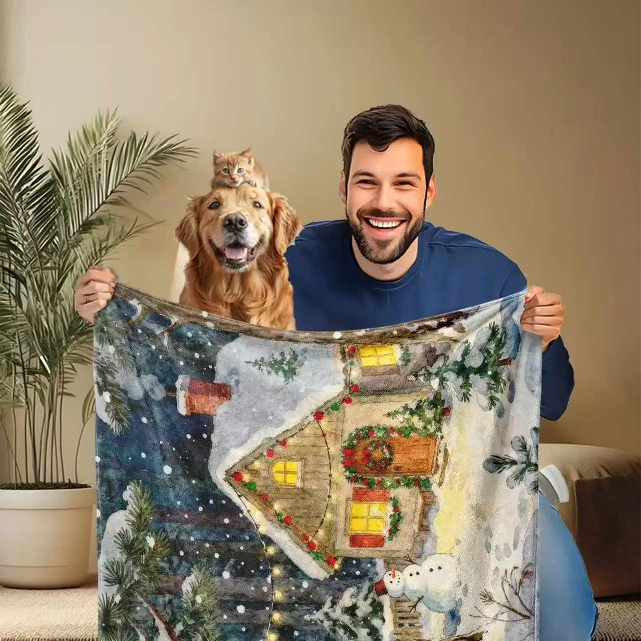 Cross-border Exclusive Thickened 230g Fleece Blanket, Christmas Cabin & Snowman Printed Air-conditioning Blanket, Skin-friendly,