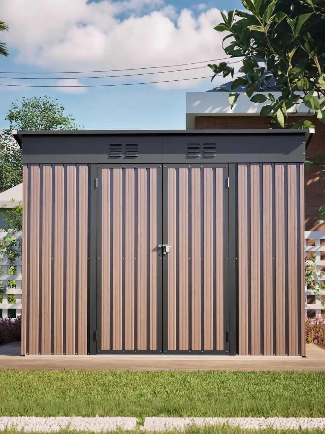 Metall-Geräteschuppen, Gartenhaus für Draußen, 8x4 FT Wetterfester Metallschuppen mit Stabilem Grundrahmen, Geräumiger Brauner Outdoor-Lagerschrank, Inklusive Fundamentrahmen, Ideal für Garten,
