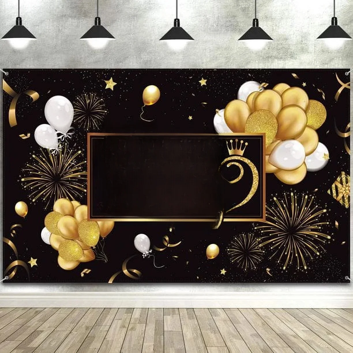 Fond de bannière d'anniversaire décoré avec un grand logo de fête noir et doré, affiche, stand photo 30e 40e 50e 60e 70e 80e