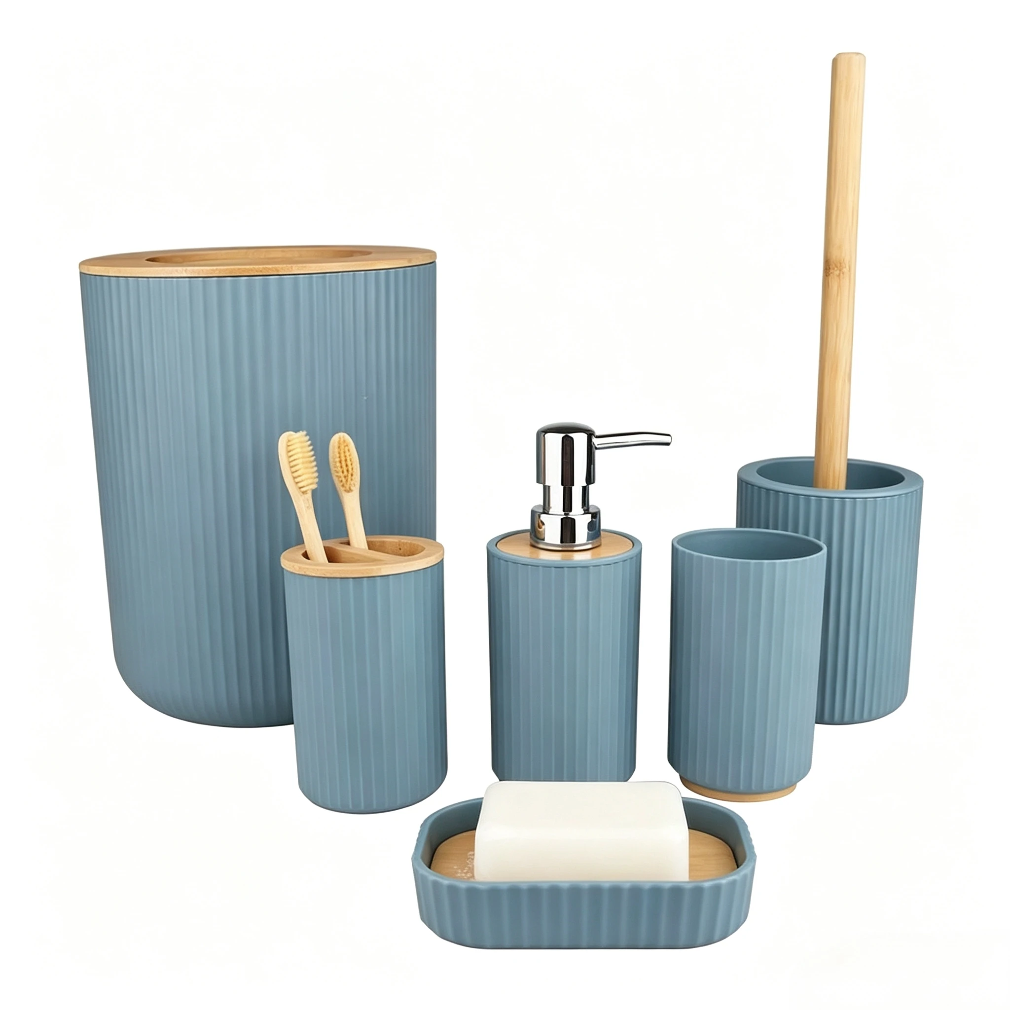Bm Bamboe en Kunststof Badkameraccessoireset, Complete 6-delige Badkameraccessoireset, Dispenser, Tandenborstelhouder, Tumbler, Zeepbakje, Toiletborstelhouder, Prullenbak (Luchtvaartblauw Gestreept)