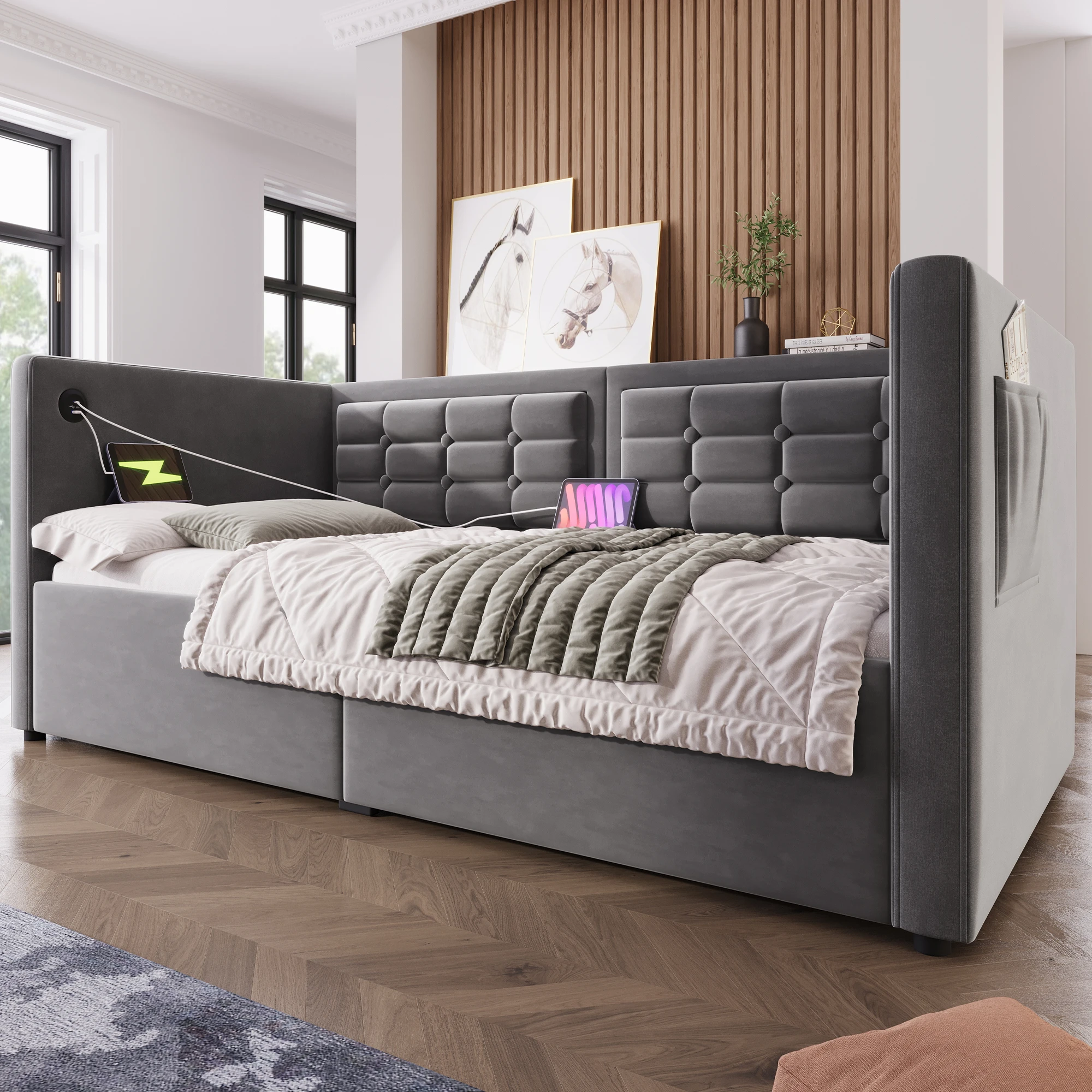 Polstertes Sofabett 90x200 cm Grau, Einzelbett aus Samt mit hydraulischem Stauraum, USB- & Type-C-Ladestation, Holzlattenrost, 3-seitiger Rückenlehne und Seitentaschen, Tagesbett Gästebett für