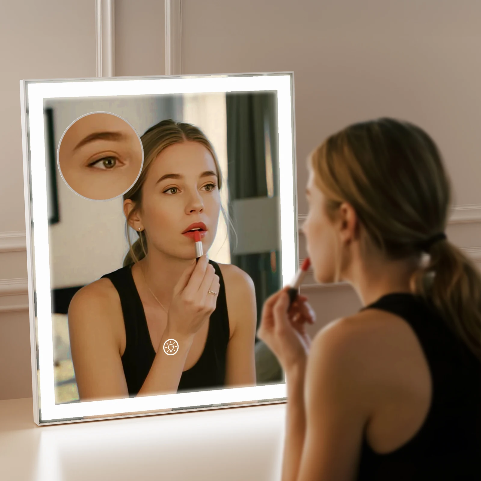 Miroir de maquillage LED 3 couleurs avec miroir grossissant 10x, écran tactile, rechargeable par USB, variateur d'intensité, 3 niveaux de luminosité, portable, comprend