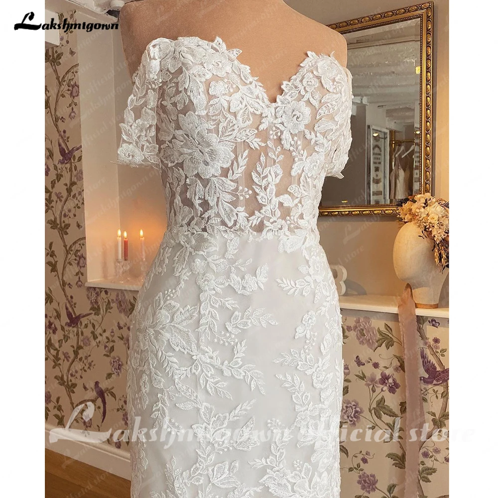 Lakshmigown-vestido de novia de sirena con hombros descubiertos, apliques de corazón, cola de corte, vestidos de boda para novia personalizados