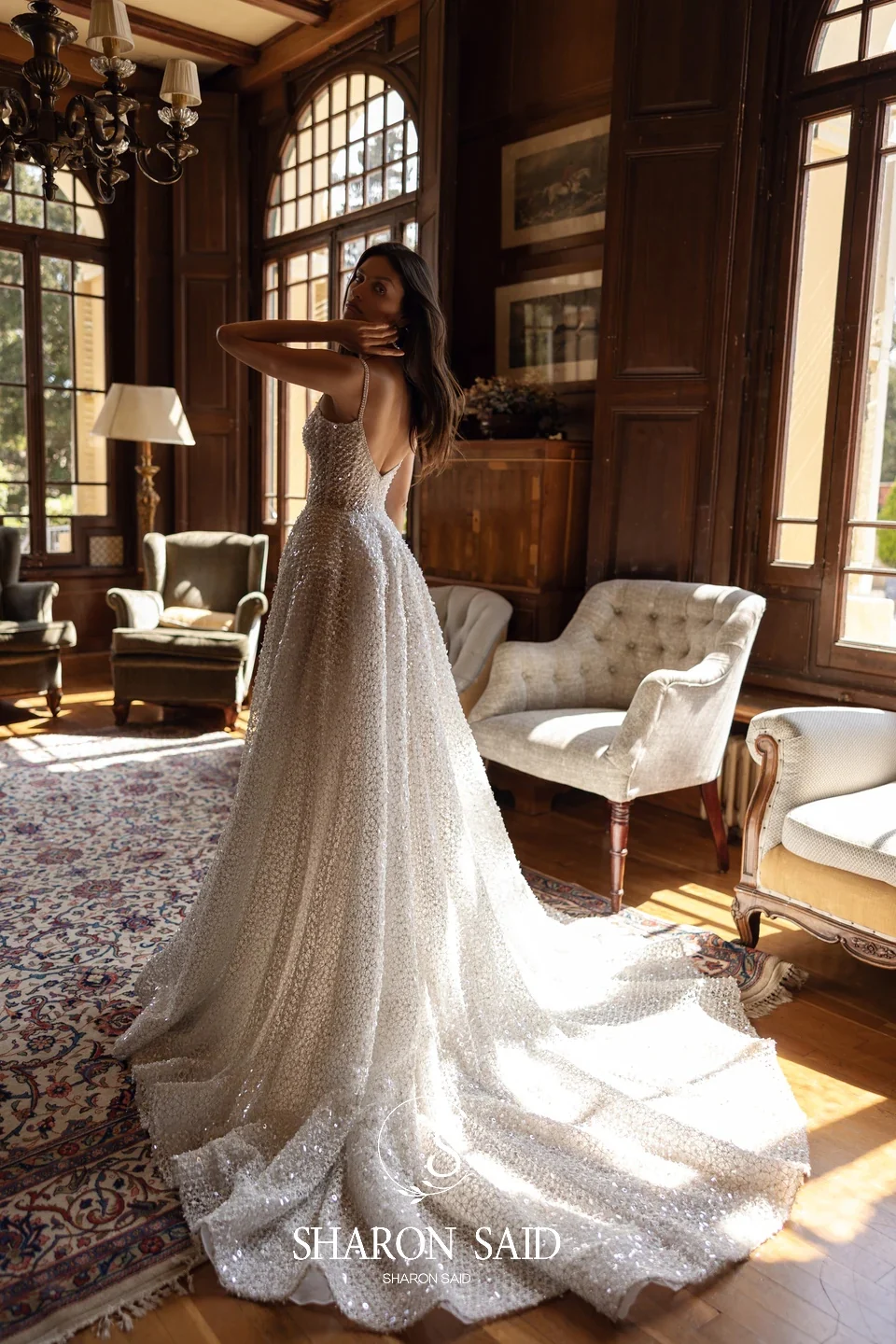 Sharon Said Exquise Sweetheart Kristallen Tule Trouwjurk 2025, Luxe A-lijn Parel Mouwloze Bruidsjurken SW420 Aangepast