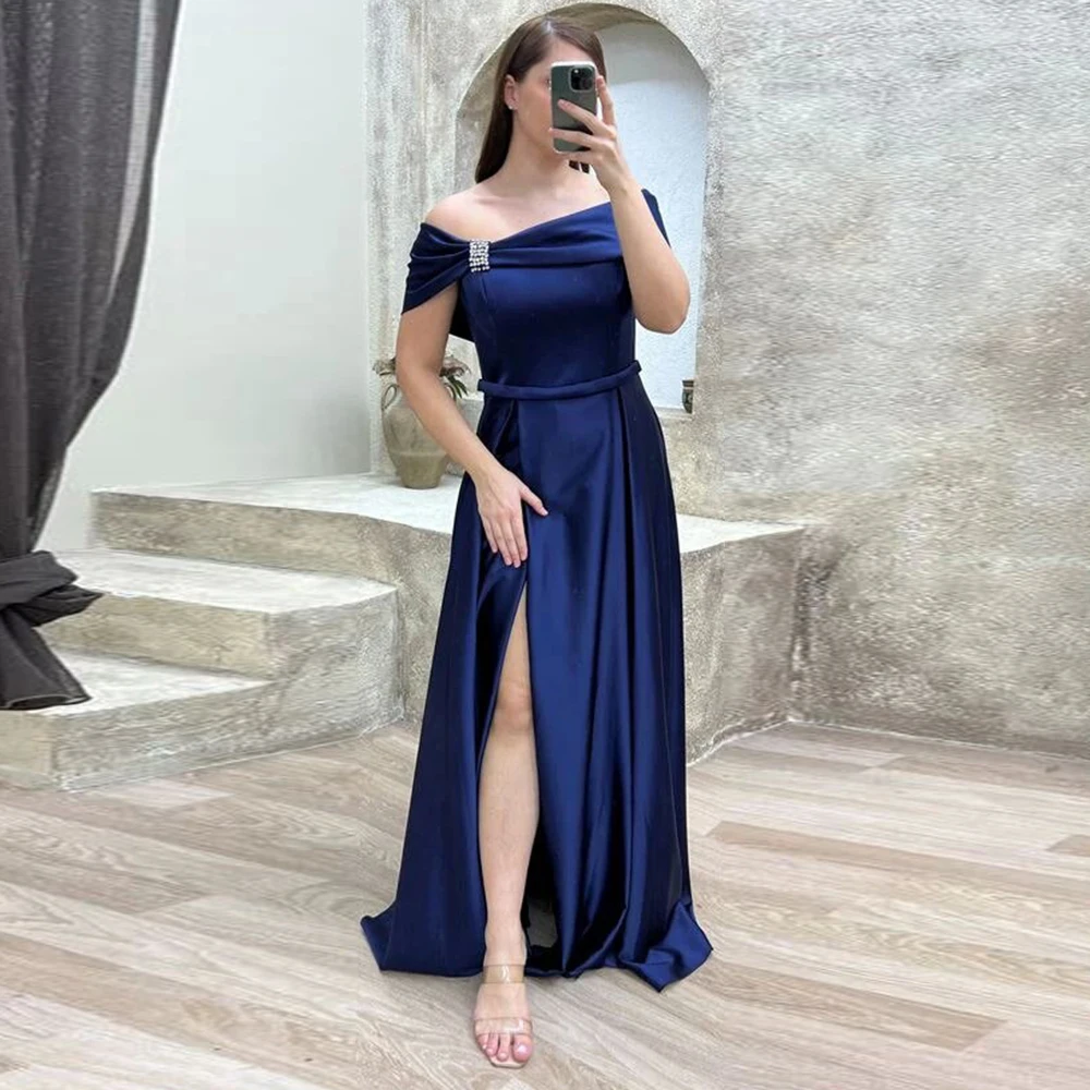 

Prom Dresses Classic Gemstone Blue Satin Pearl Front Fork Pleat Ruched Formal Dress A-line Off-the-shoulder Long Dresses