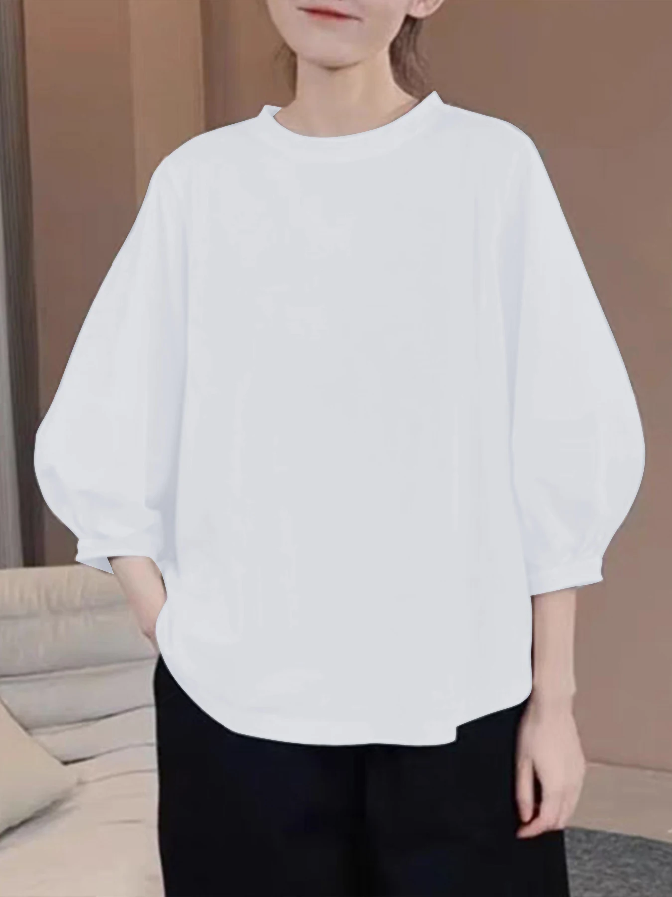 Damen-Tops mit 3/4-Ärmeln, Rundhalsausschnitt, lässig, trendig, lockere T-Shirts
