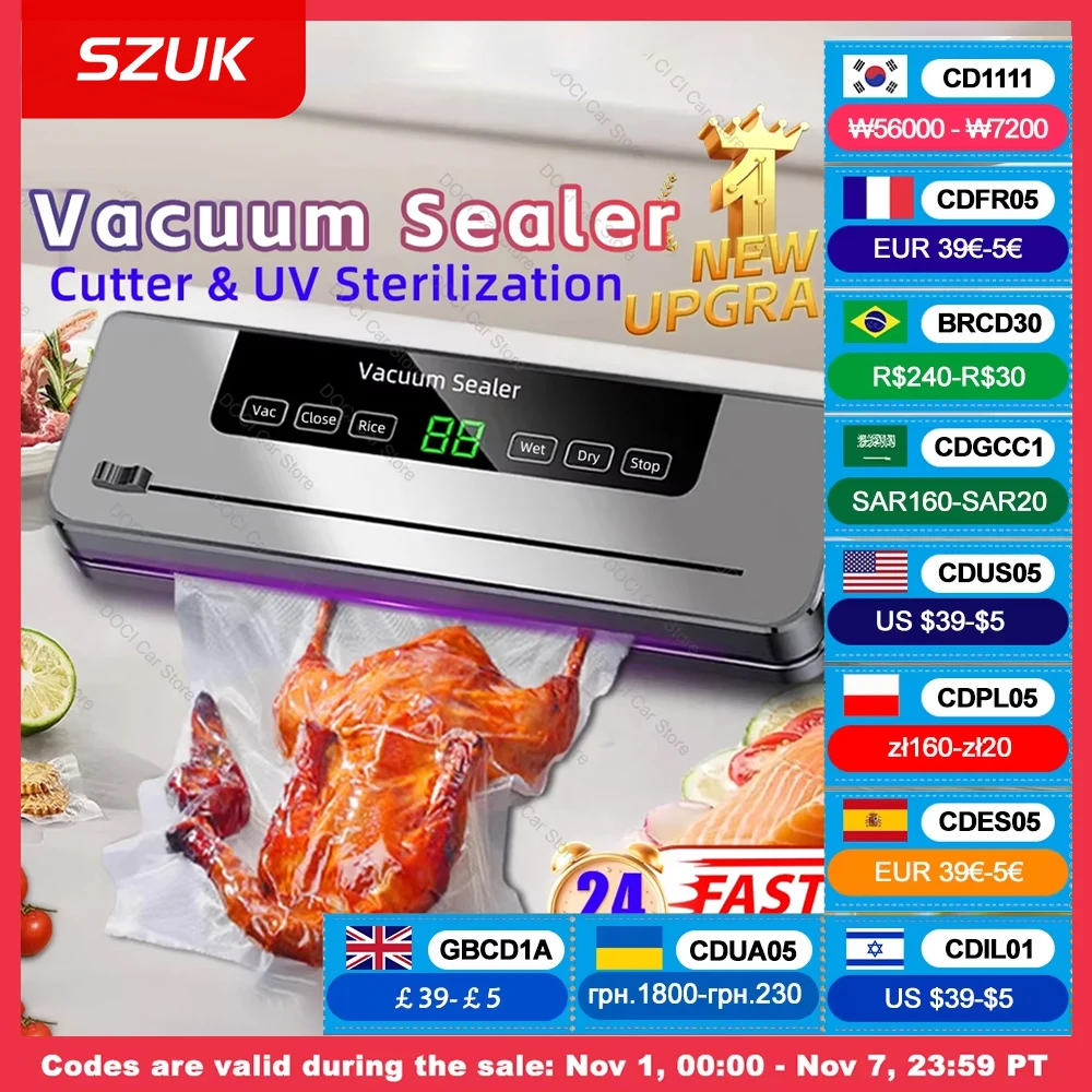 SZUK Electric Vacuum Sealer Dry and Wet Food Sealing Packaging Kitchen Food Sealing Convenient Smart Touch Key Built-in Cutter