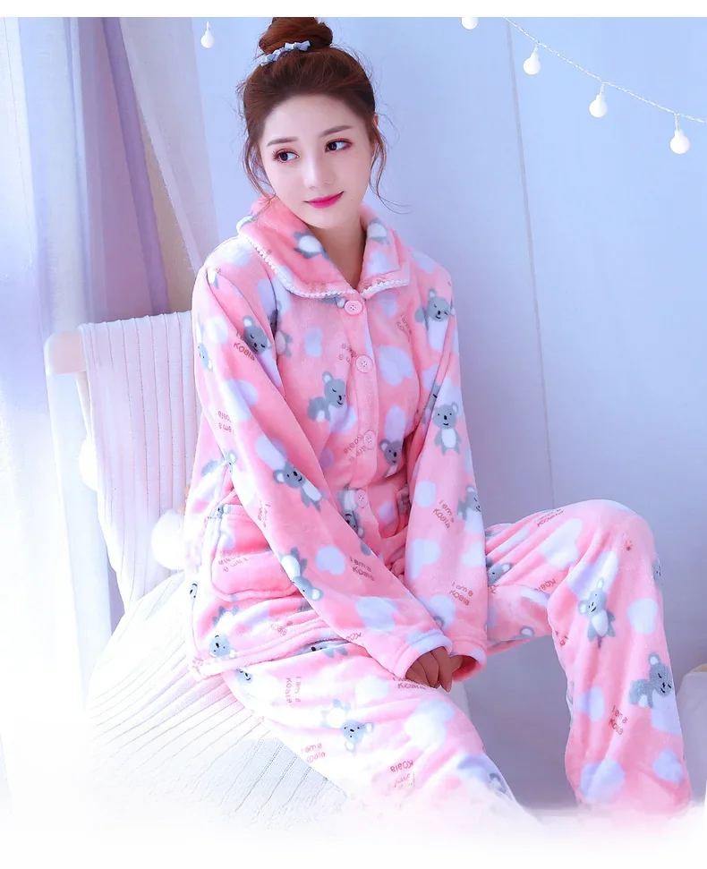 Pani ciepła aksamitna Homewear kobiet luźne pluszowe piżamy damskie z długim rękawem z długim rękawem flanela Homewear koral polar bielizna nocna D-2105 — zdjęcie 2