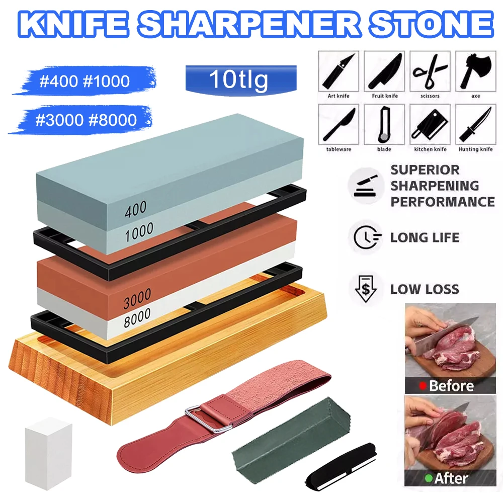 Kit de pierre à aiguiser les couteaux, grain 400/1000 3000/8000, pierre à aiguiser Double face avec Base