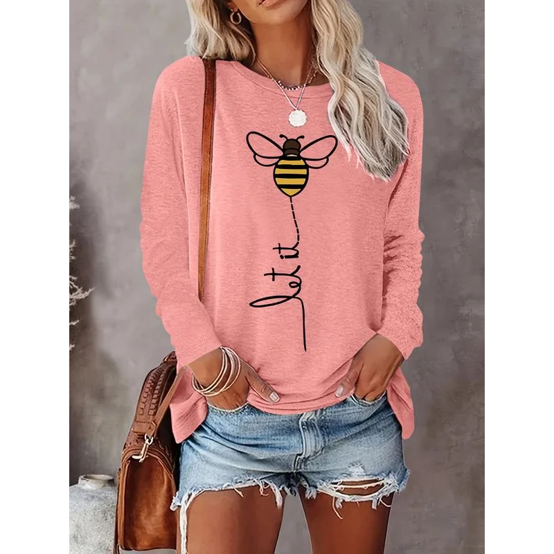 تي شيرت نسائي للارتداء اليومي ملابس نسائية كارتونية مطبوعة برقبة دائرية تي شيرت كاجوال أنيق بأكمام طويلة ورقبة دائرية #1