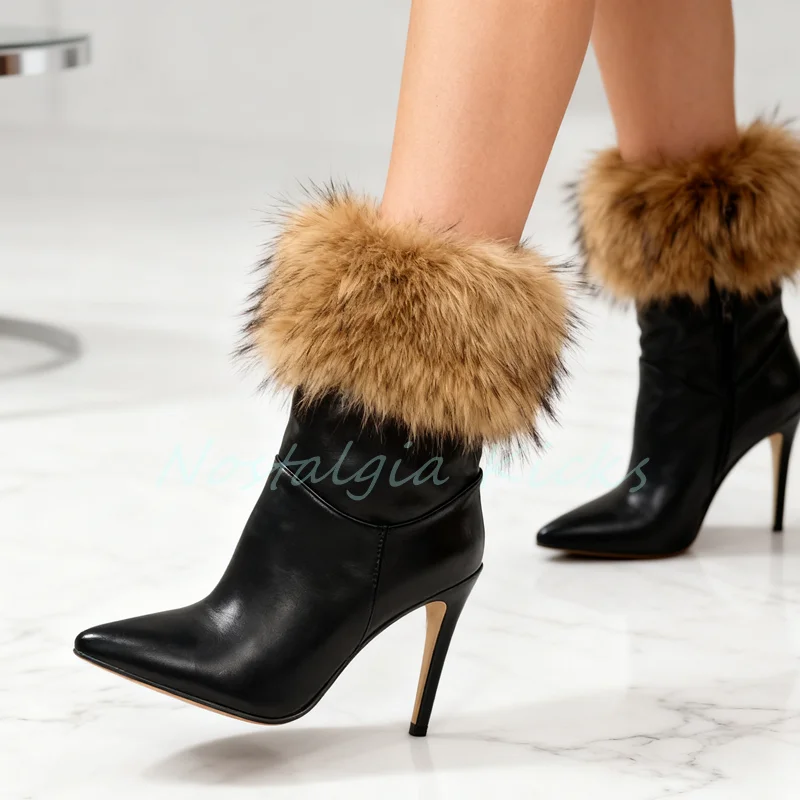 

Черные ботильоны из натуральной кожи с меховой отделкой, женские модные теплые ботинки на шпильке с острым носком, зимние короткие ботинки с боковой молнией
