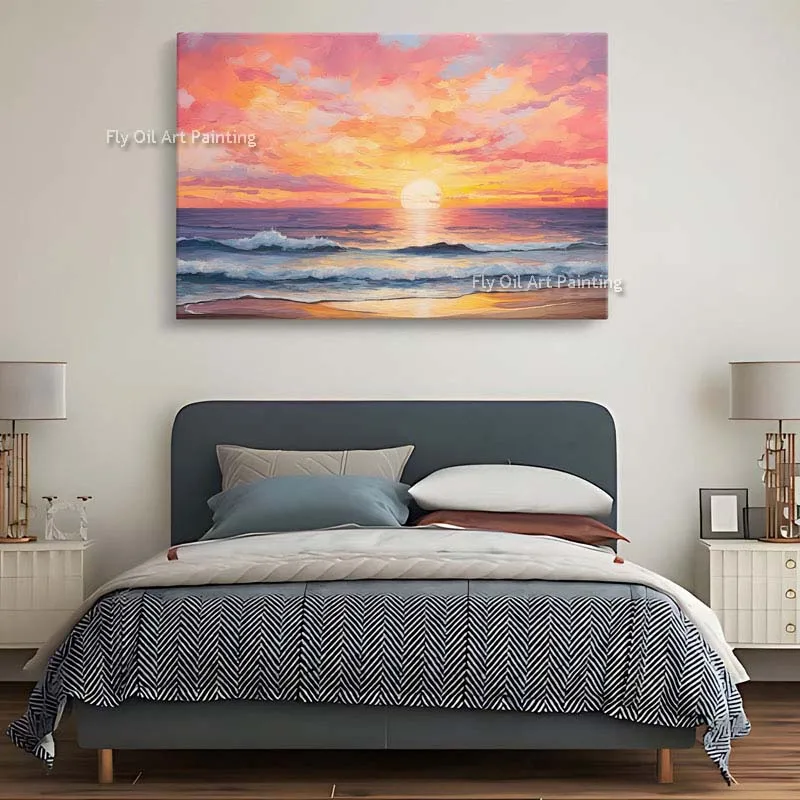 Ocean Sunset Canvas Oil Painting Hand Pianted Ocean Decor Sunset Beach Wall Art Seascape Painting Coastal Canvas Wall Art Decor