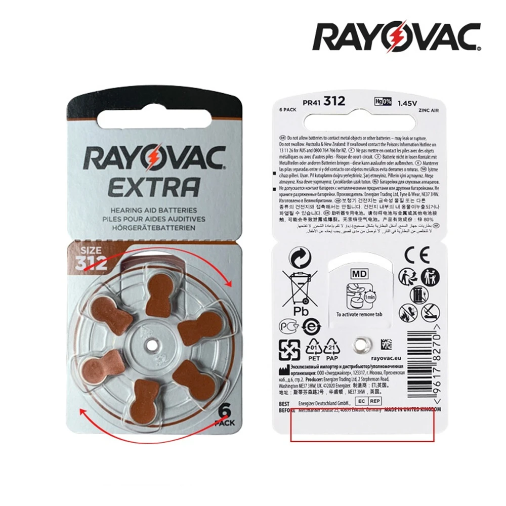 6-60PCSRayovac Extra Performance Hearing Aid Batteries 1.45V 312 312A A312 PR41 Zinc Air Battery For BTE CIC RIC OE Hearing Aids