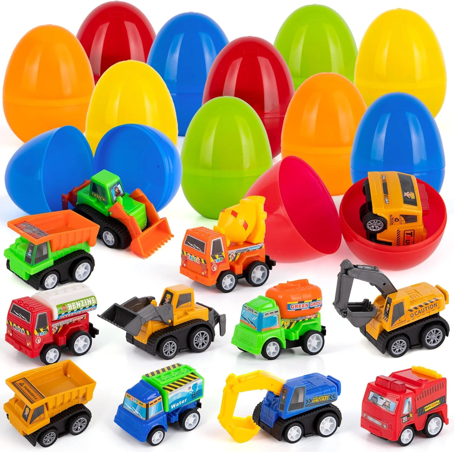 

Pre Filled Easter Eggs with Plastic Vehicles Inside - 12 Colorful Surprise Eggs for Kids with Pullback Construction Truck Toys -
