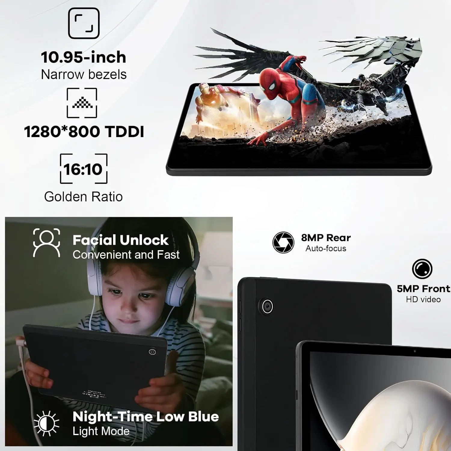 تابلت أندرويد 14 مقاس 11 بوصة 8 كور 10 جيجابايت + 128 جيجابايت / 1 تيرابايت توسيع 6800 مللي أمبير في الساعة مع شحن سريع 20 وات عمر بطارية طويل Widevine L1 Face ID WiFi6