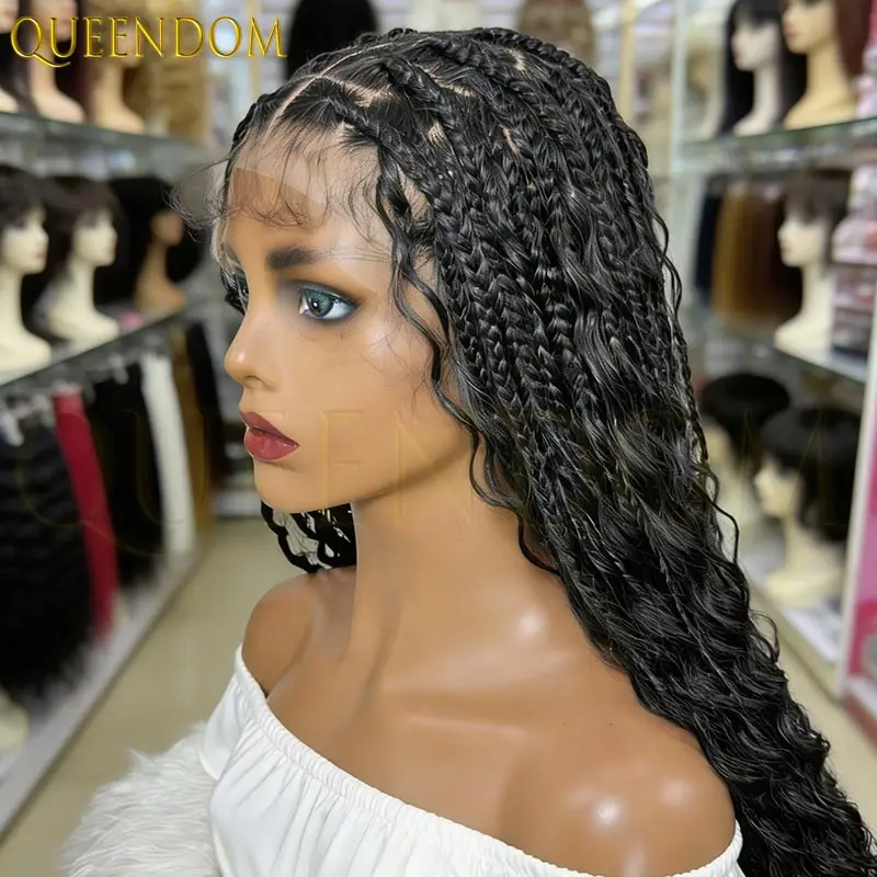 32 بوصة بوهو شعر مستعار اصطناعي كامل الدانتيل كورنو جديلة شعر مستعار مع أطراف مجعد فو Locs للنساء السود البوهيمي نمط شعر مضفر