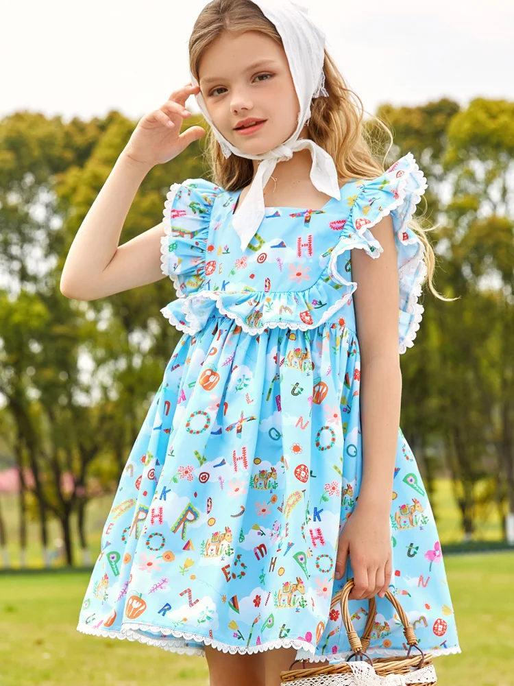 Girls Blue Dress Summer Floral Printed Princess Dress With Ruffles