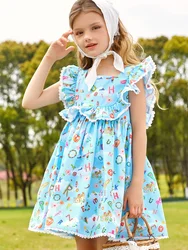 Girls Blue Dress Summer Floral Printed Princess Dress With Ruffles