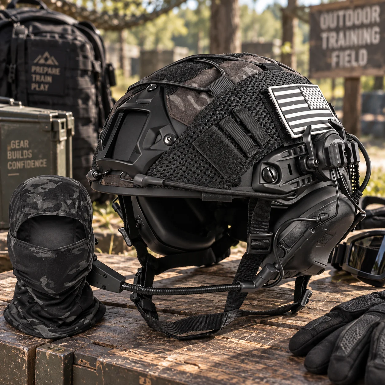 Tactical Helmet with Headset, Adjustable Protective Helmet with Cover and Face Mask, Outdoor Airsoft Paintball Gear Set