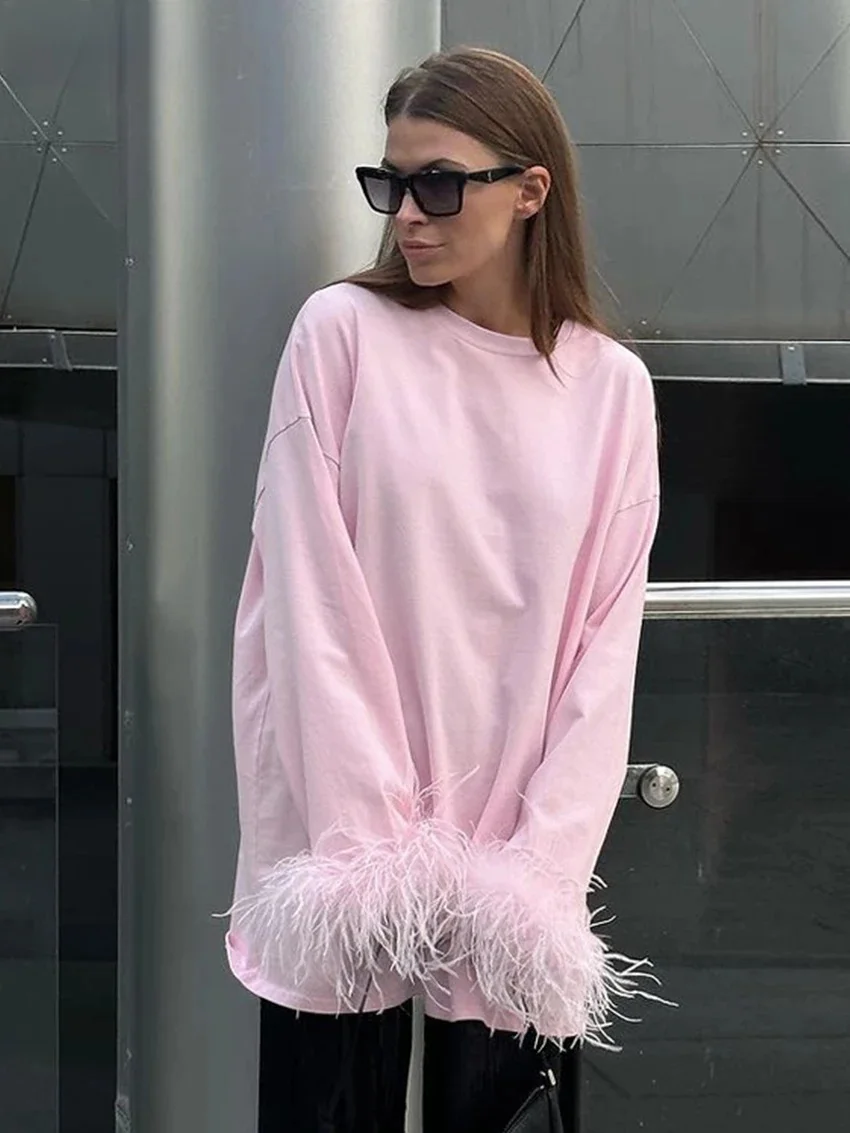 Clacive Casual Loose Pink Cotton Women's Top Fashion O-Neck Feather Long Sleeve T Shirt Elegant Classic Tee Top Odzież Damska — zdjęcie 2