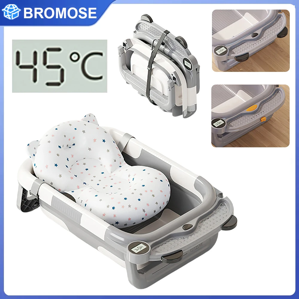 Baignoire pour bébé écologique Bromose avec coussin de bain, baignoire pliable portable avec indicateur de température, baignoire pour nourrissons en cadeau