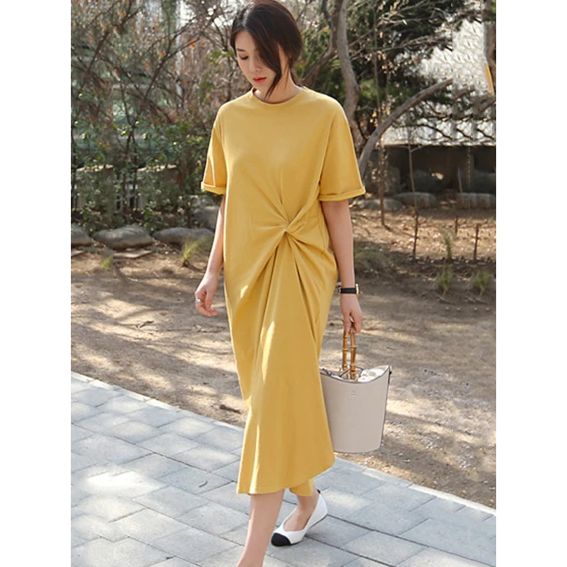 Jennifer New Leisure Pleated Dresses Solid Color Irregularity Loose Midi Dresses with Round-neck for Casual Vacation Occasion