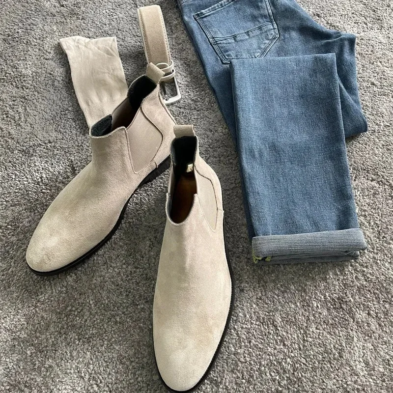 Beżowe Męskie Buty Chelsea Czarne Flock Okrągłe Toe Wsuwane Biznesowe Ręcznie Robione Buty Męskie Botas De Hombre Wino Czerwone Buty Męskie — zdjęcie 2