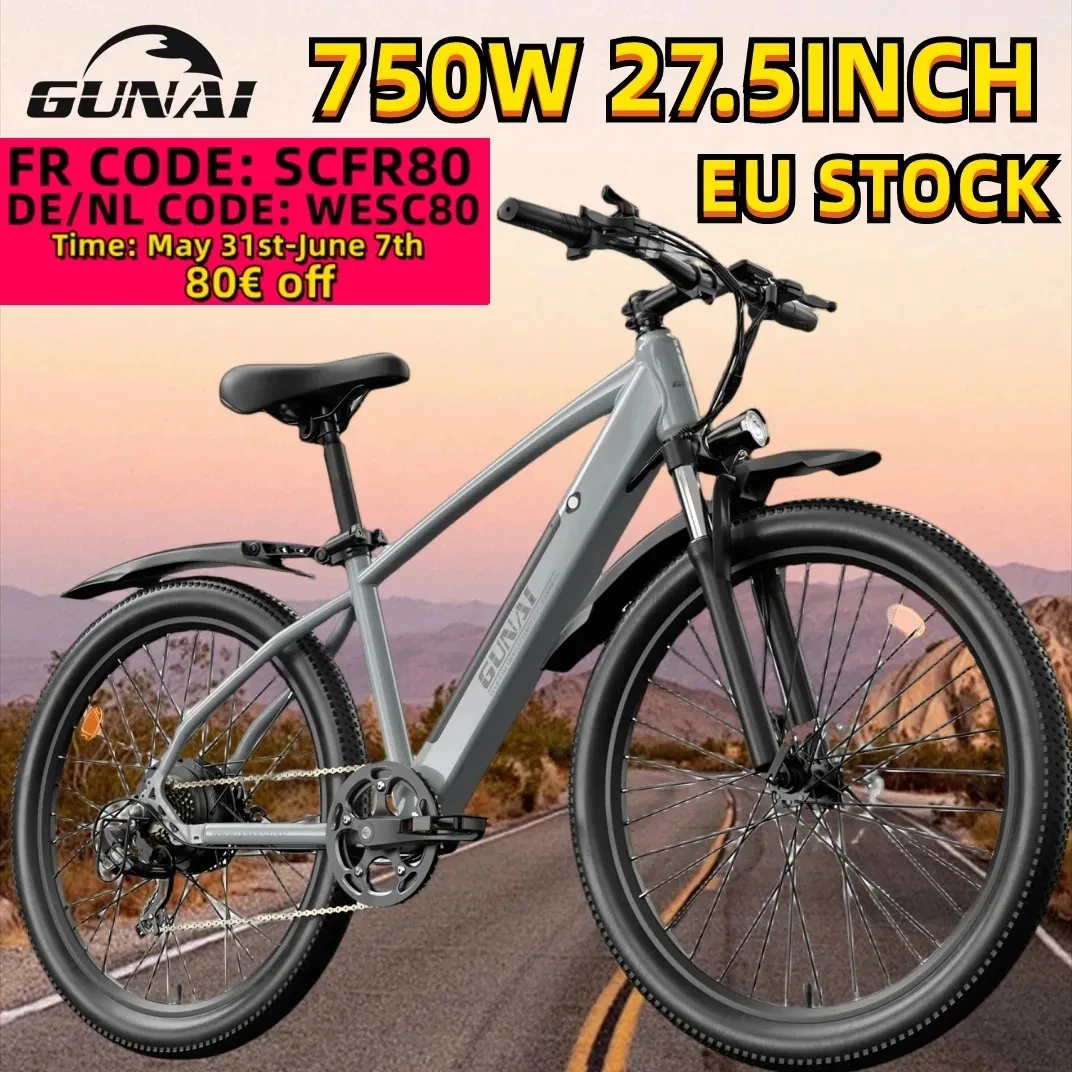 GUNAI Motor sepeda listrik 750W, sepeda listrik gunung dewasa Off-road 27.5 inci dengan baterai 48V 10ah, stok EU