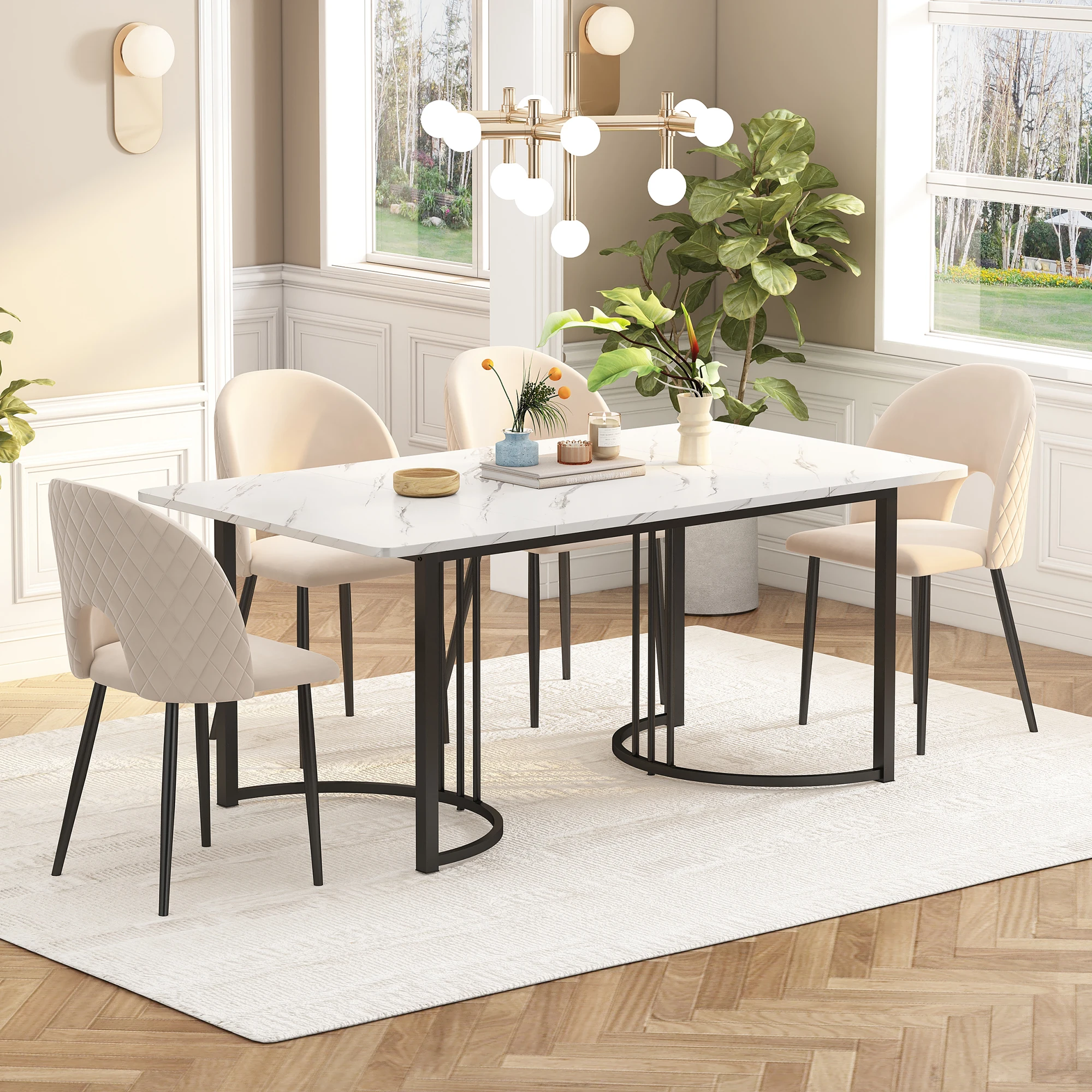 Table à manger 140 x 80 cm, (1 pièce), table de cuisine moderne, structure en métal, table à manger rectangulaire moderne avec motif marbré, table de cuisine