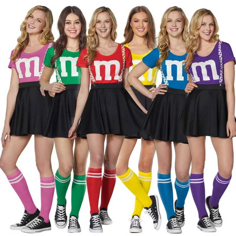 Women's M&M's Costume Adult M Halloween Team Costumes Womens T-shirt Black Skirt Stocking Set For Funny Party