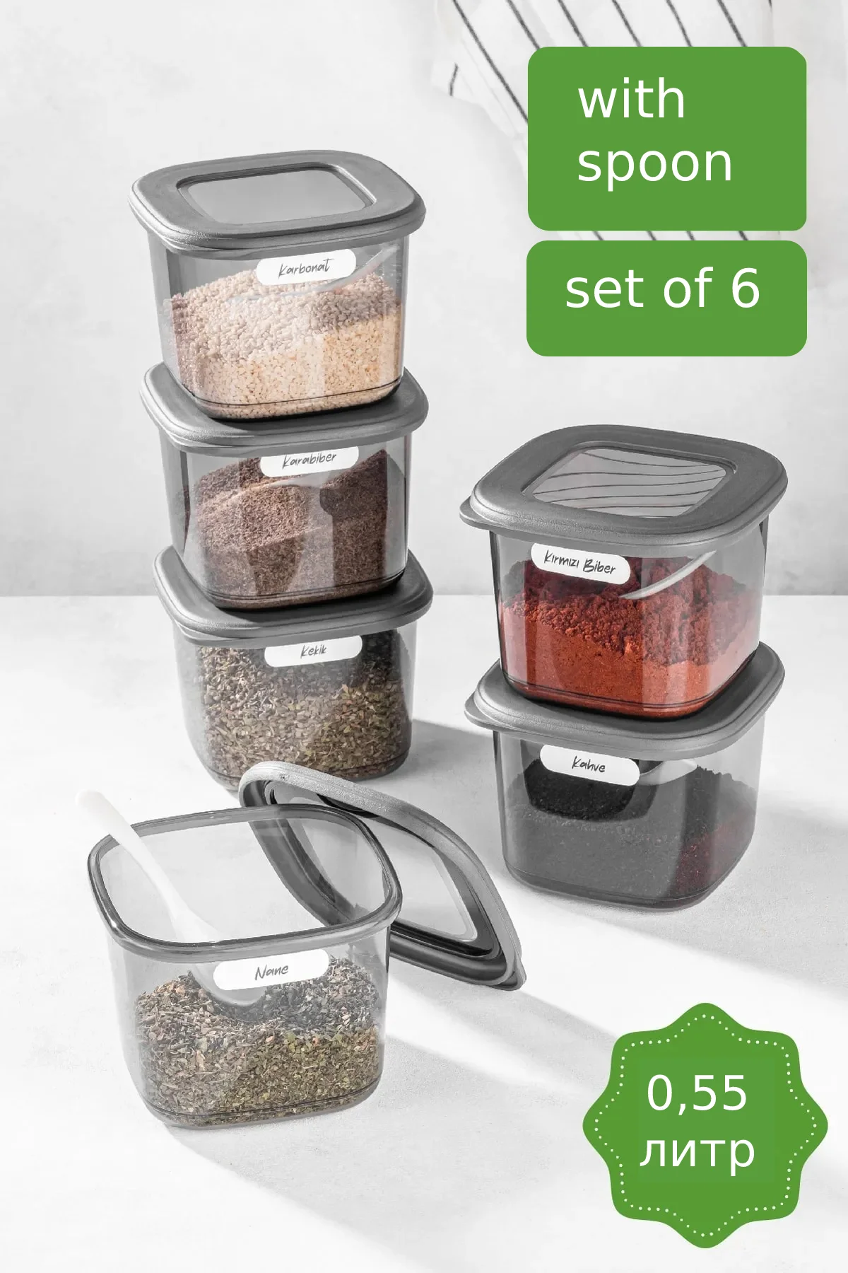 

Square Food Storage Container with Spoon of 6 Small 0.55 Liter Anthracite