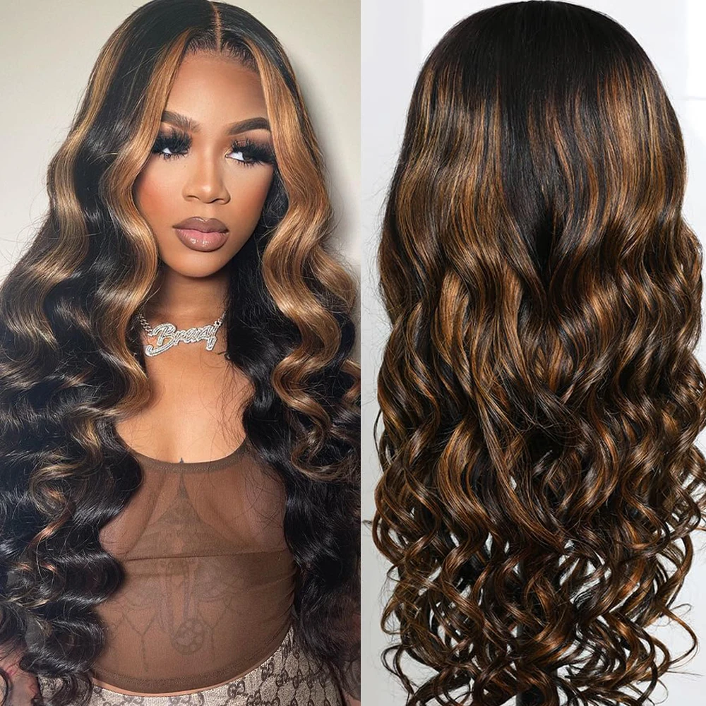 

Highlight Ombre Body Wave Lace Front Wig Human Hair 180% Density 13x4 HD Lace Frontal Wig for Women 1B/30 Human Hair Wig