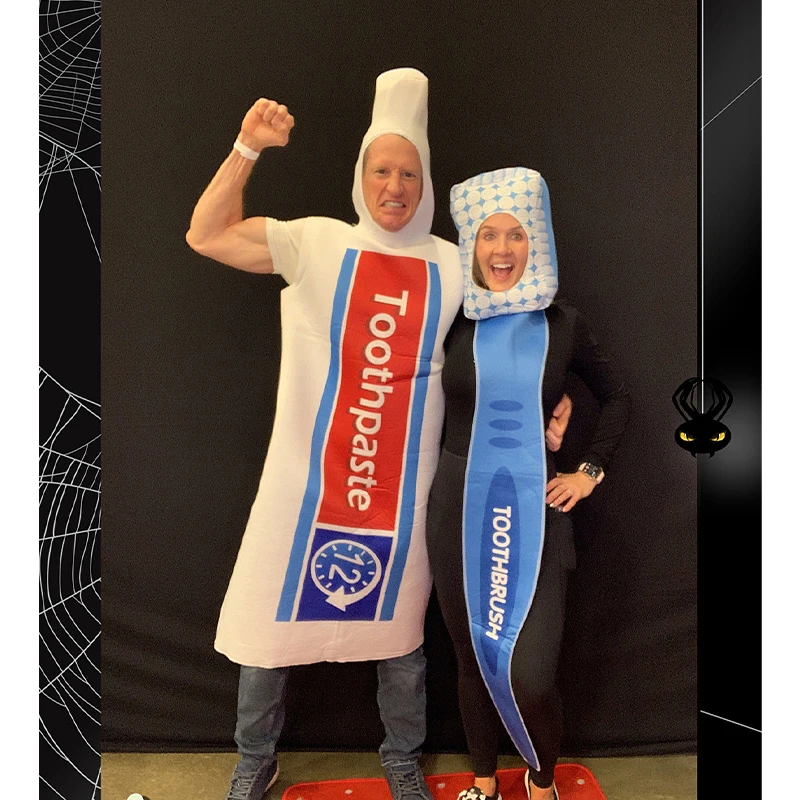 Adult Unisex Women Men Toothbrush Toothpaste Costume For Couple Halloween Fancy Dress Up Cosplay