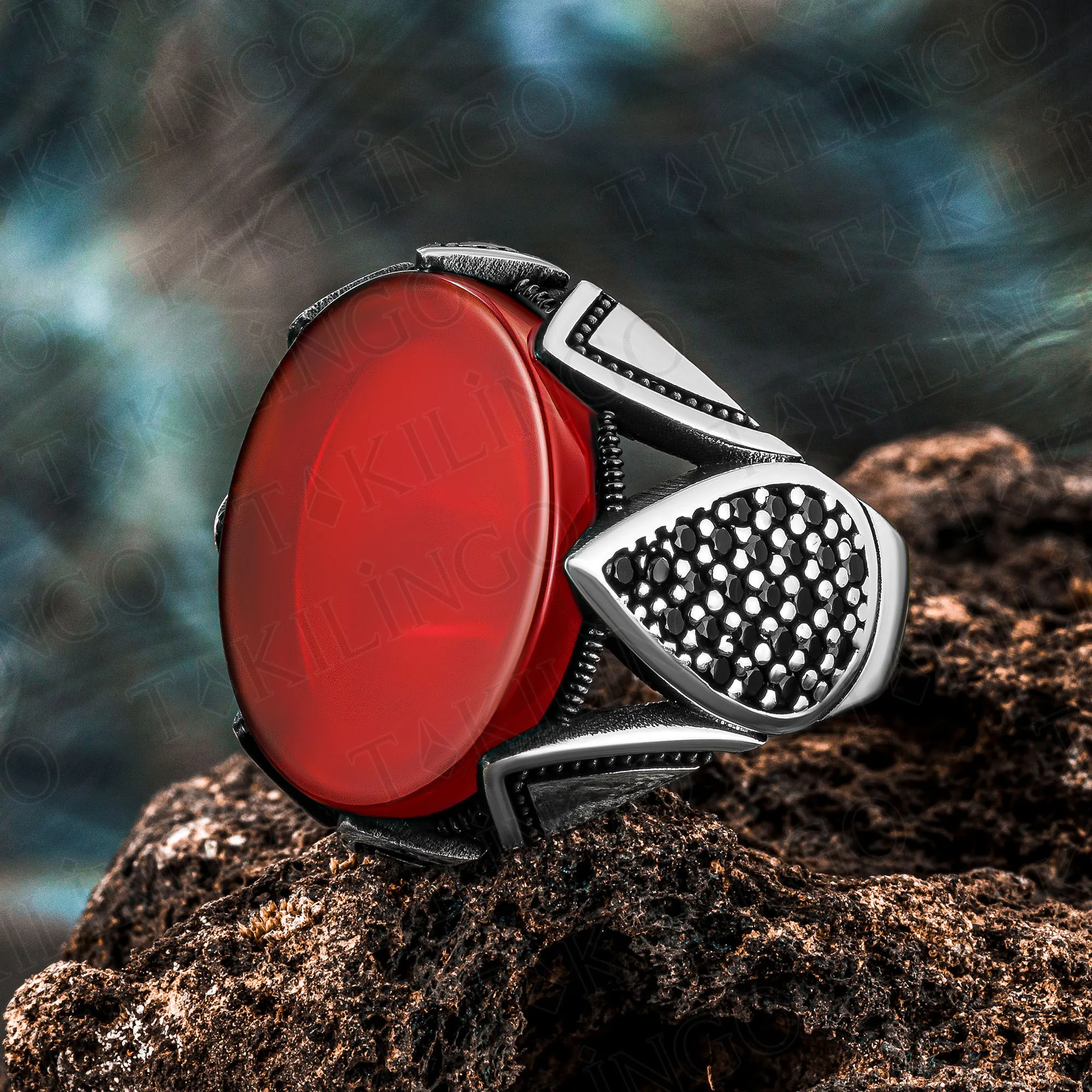 Solid 925 Sterling Silver Oval Red Agate Stone Men's Ring With Drop Design Zirconia High Quality Handmade Jewelry Gift For Him