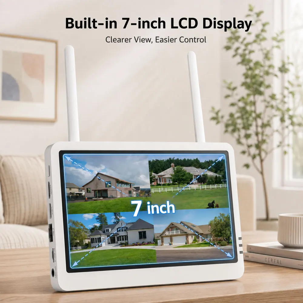 Sistema di telecamere di sicurezza wireless con doppia lente da 8 MP, schermo da 7 pollici, kit NVR a 8 canali con 4 telecamere WiFi, visione notturna a colori, registrazione audio, accesso remoto,