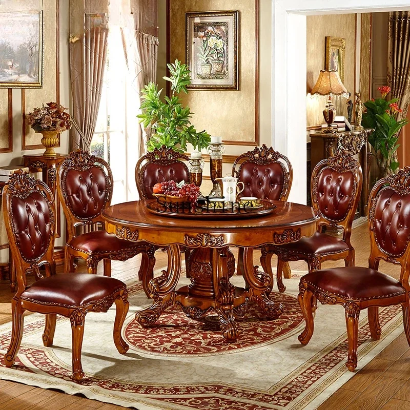 Europese eettafel en stoel combinatie massief houtsnijwerk bloem marmeren ronde tafel met draaischijf - afbeelding 2