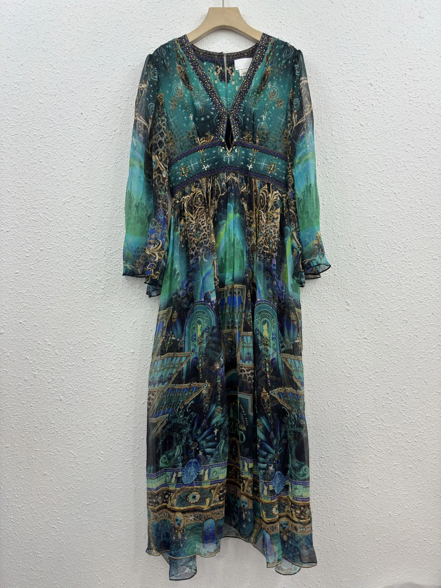 100% 실크 시크 에메랄드 그린 프린트 맥시 드레스 여성용 V넥 긴팔 보헤미안 시폰 가운