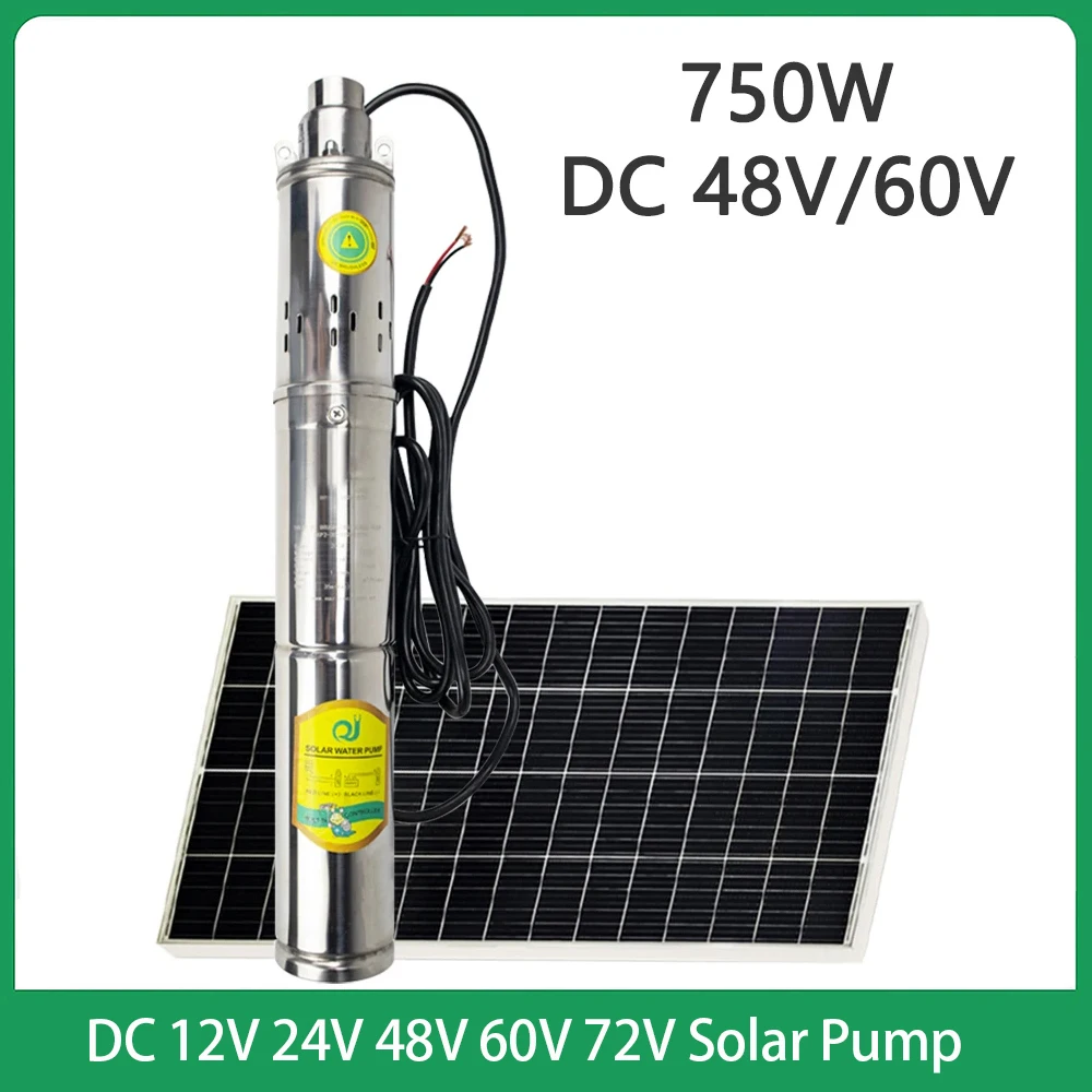 

1HP Solar DC Water Pump High Head Lift 100M 48V 750W Solar PV Stainless Steel Drilling Submersible pump Max Flow 2000L Per Hour