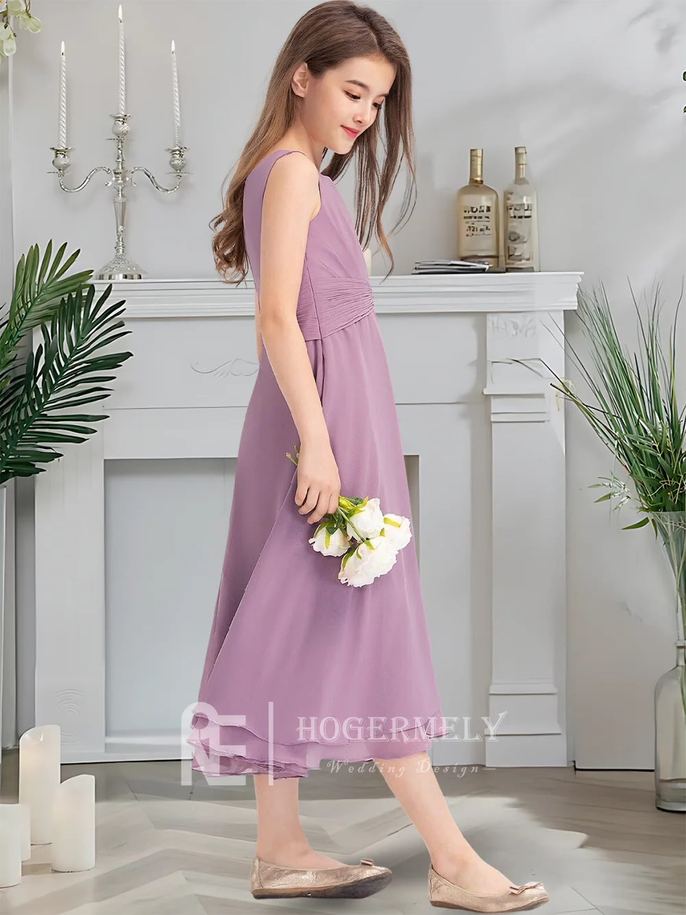 Изящное трапециевидное платье для подружек невесты, сиреневое платье с цветочным узором для девочек, свадебное платье чайной длины с квадратным вырезом и бантом с поясом для юниоров