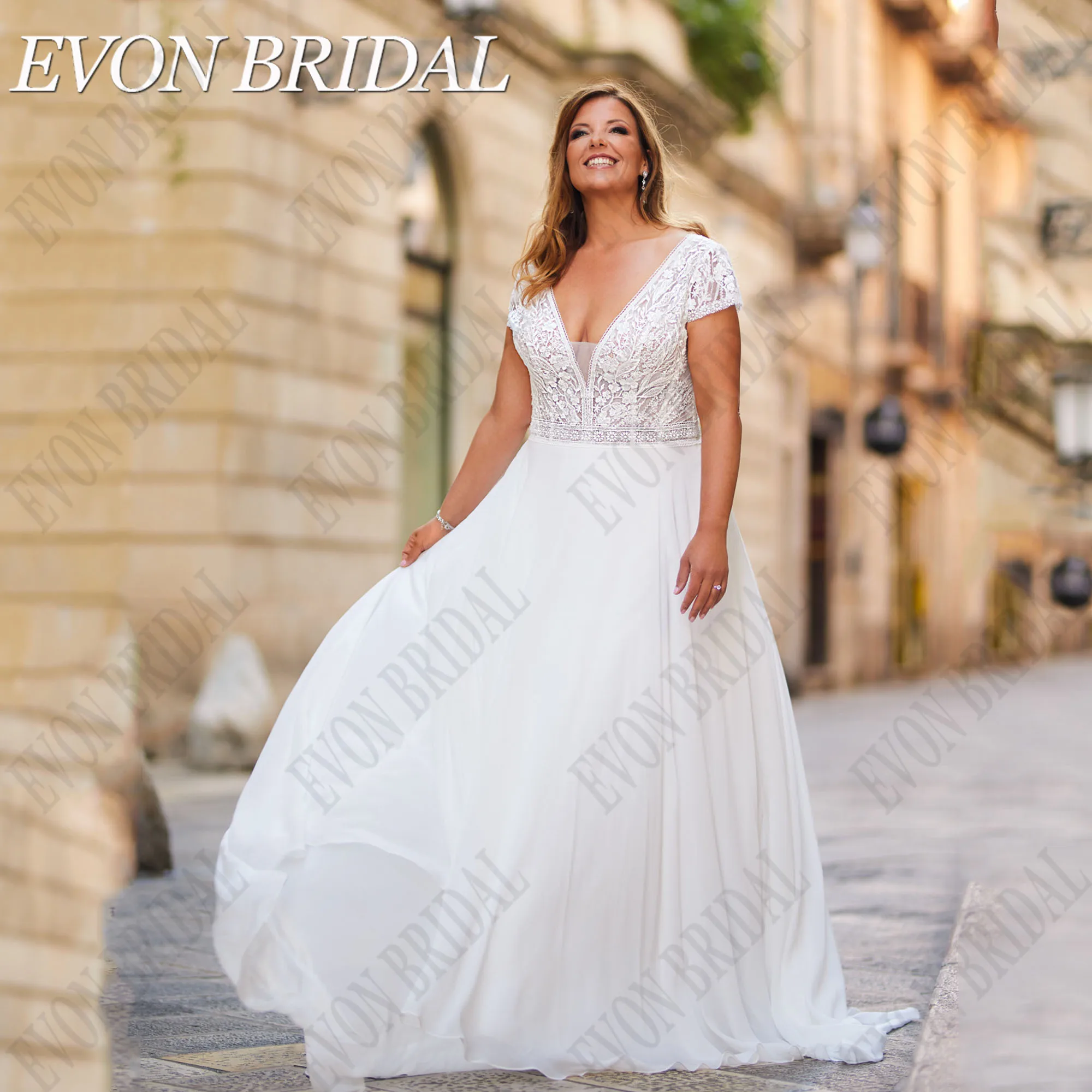 EVON BRIDAL Plus Size Civil Wedding Dress 2024 Bride V-Neck Applique A-Line Lace Up Backless Chiffon Bride Gown Sweep Train