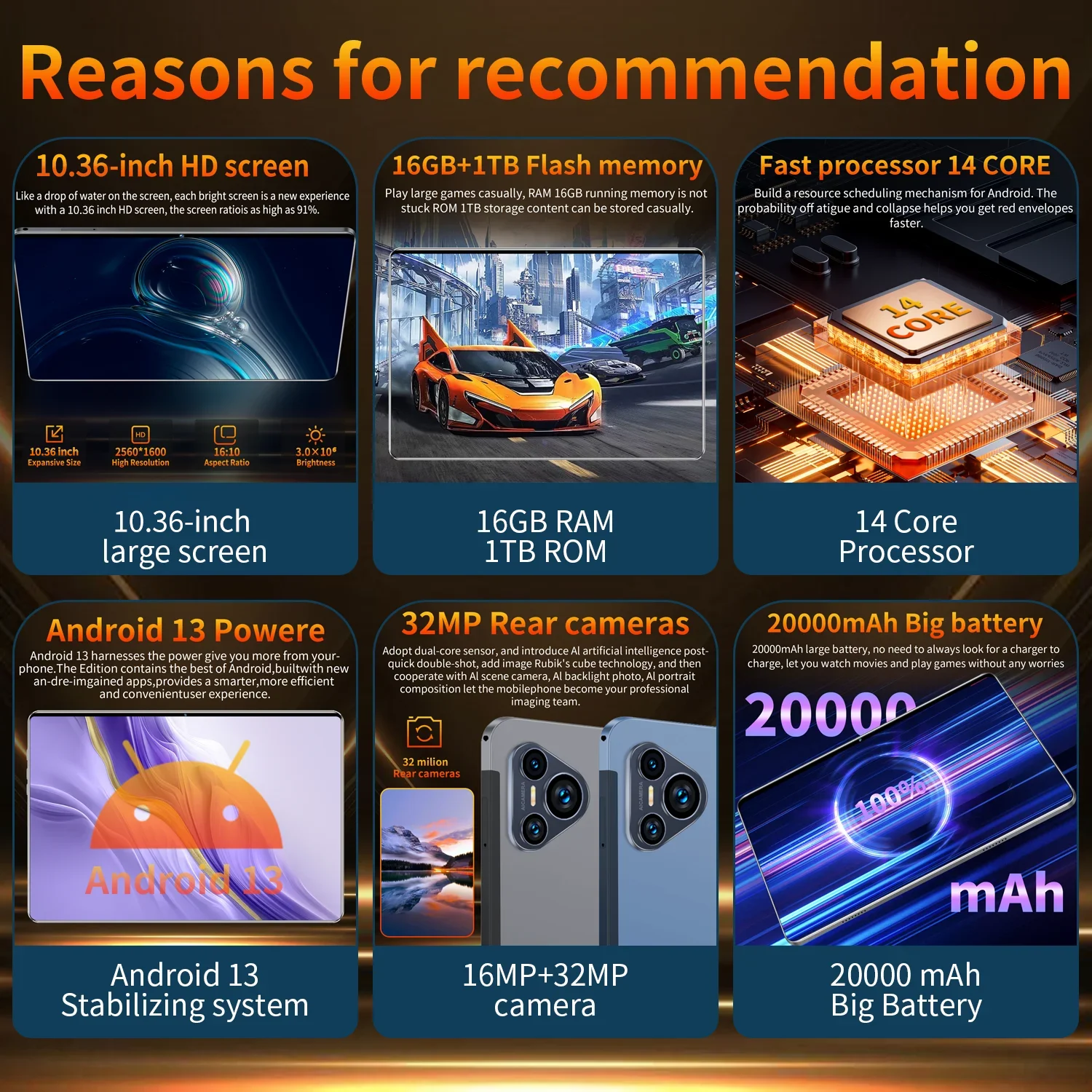 10.5-дюймовый планшет android 16GB RAM + 1TB ROM 16MP + 32MP Network 2025 mAh Android 10,36 Wifi 14 core Bluetooth